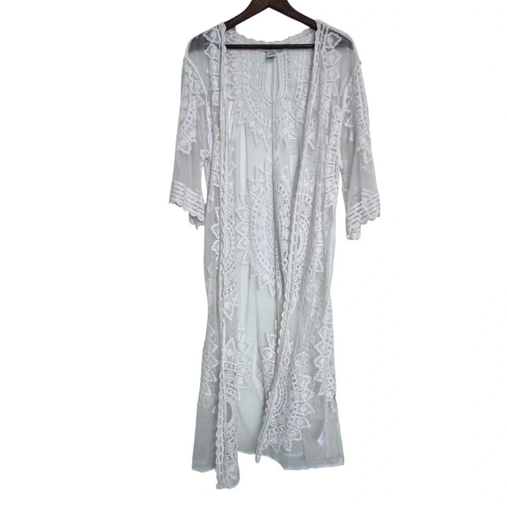 Rachel Zoe Lace Kimono Cover Up Duster White Sheer Bohemian